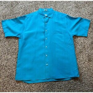 Peter Millar Large Blue Short Sleeve Shirt Button Front Linen Silk Blend